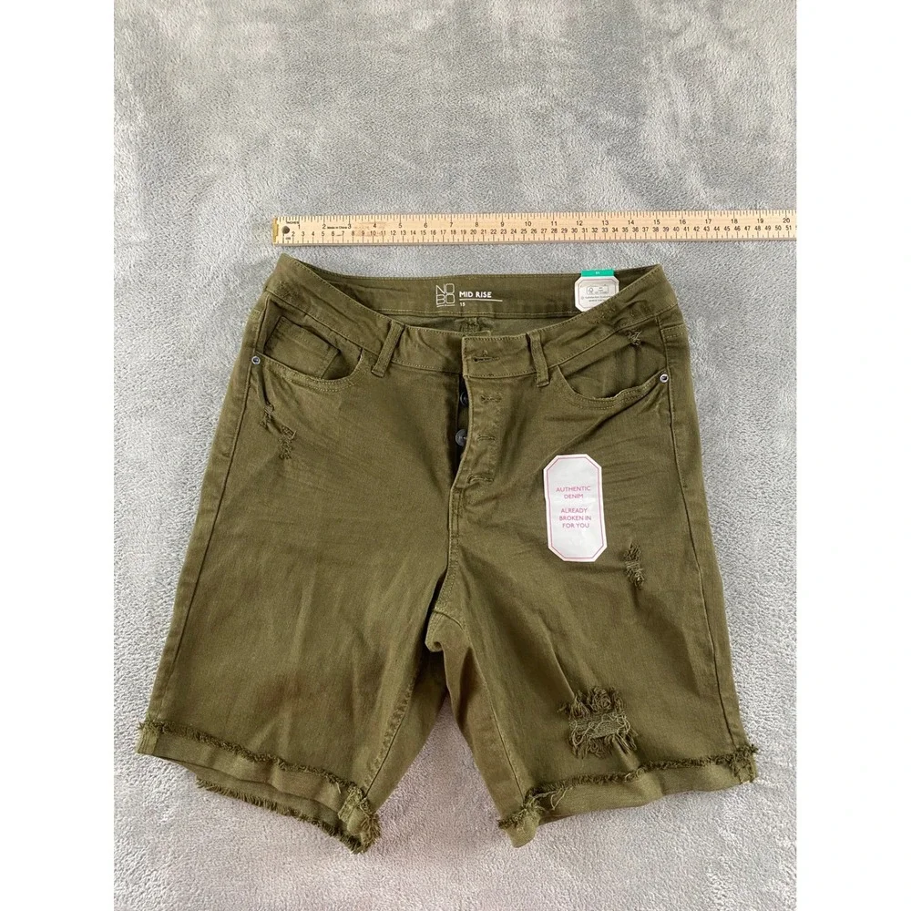 No Boundaries Womens Olive Green Distressed Mid Rise Button Fly Denim Shorts 15 - Picture 5 of 14